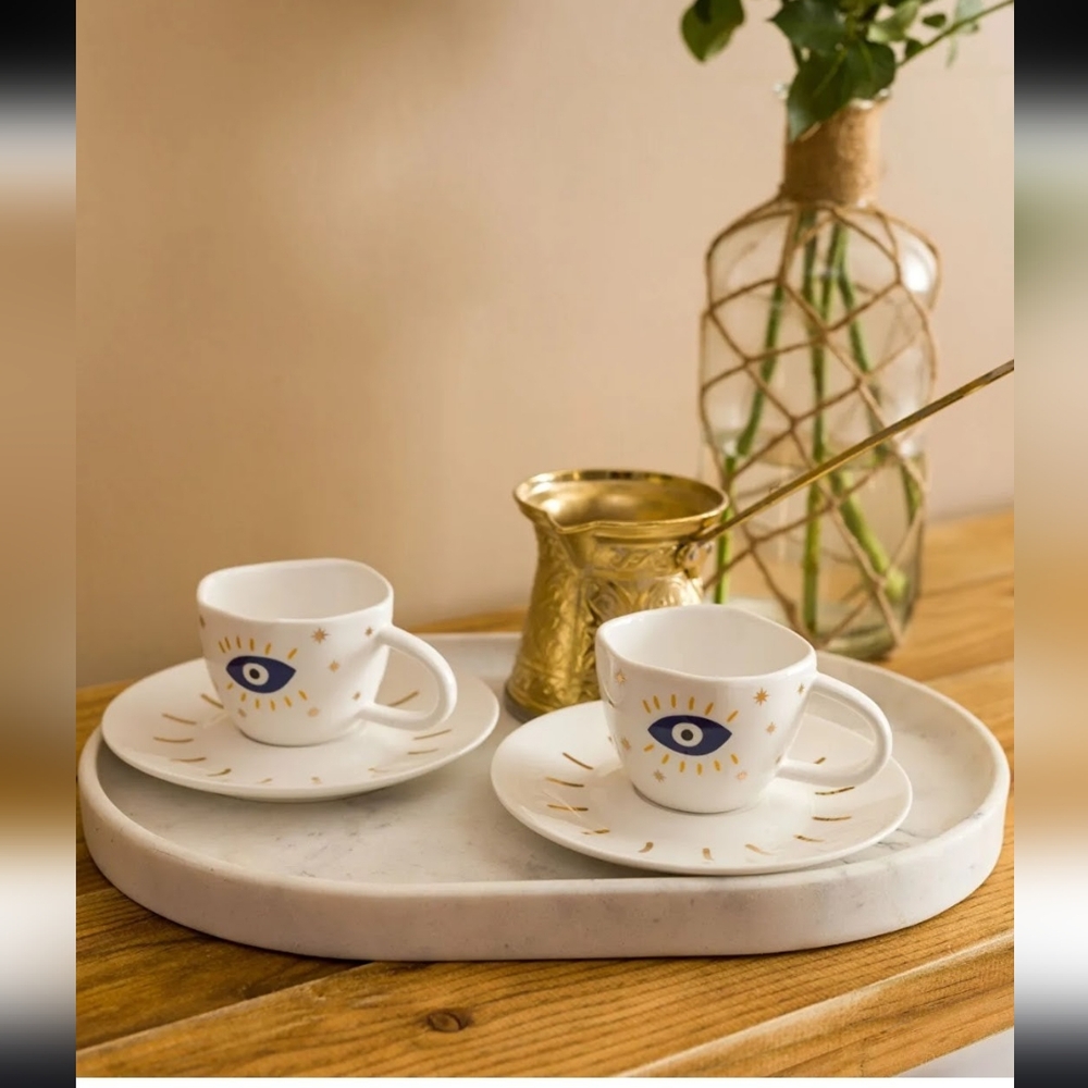 NIB LCW HOME Evil Eye Printed Coffee Cup Set Of 2 90 Ml